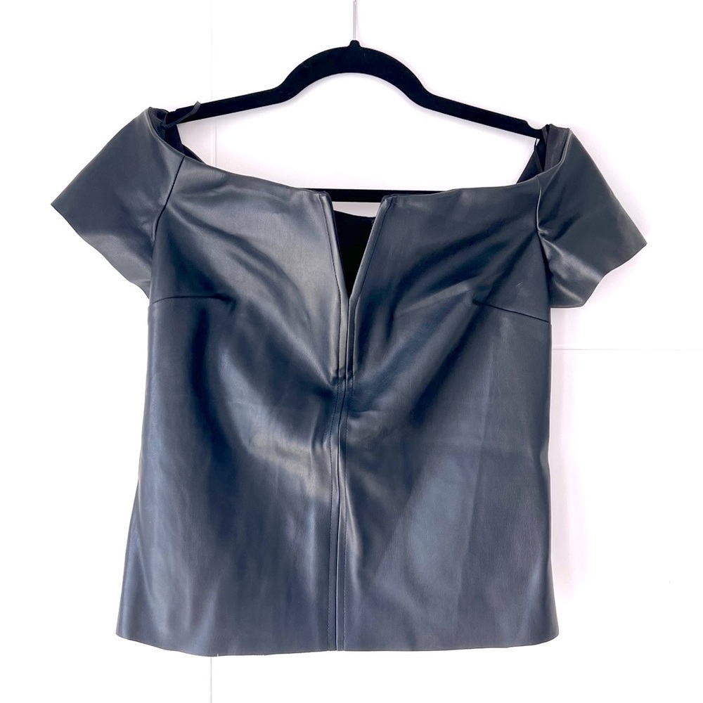 Chic black faux leather cap sleeve V-neck Dynamite Top - Size Small